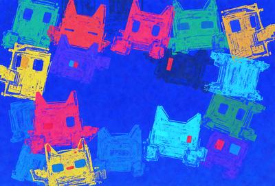 The primary subject of the image is a group of cat-shaped objects, which are likely digital art or illustrations. They are arranged in a circular pattern on a blue background. The visual style of the image suggests that it is a digital art or illustration, with a vibrant and colorful atmosphere. The dominant colors in the image are blue and yellow, which create a lively and energetic mood.