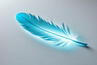 The primary subject of the image is a blue feather, which is the main object, scene, or focus of the image. The setting or background is a white surface, which provides a clean and uncluttered backdrop for the feather. The visual style of the image is a close-up of the feather, showcasing its intricate details and texture. The colors and mood of the image are predominantly blue, giving it a calm and serene atmosphere.