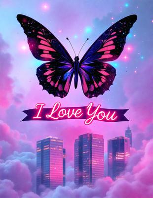 The primary subject of the image is a large, colorful butterfly. The butterfly is flying in front of a city skyline, which serves as the setting and background of the scene. The visual style of the image is digital art, as it is a well-designed and detailed illustration. The dominant colors in the image are pink and purple, creating a warm and inviting atmosphere.
