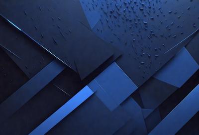 The primary subject of the image is a blue and black geometric pattern. The setting is a dark blue background, which contrasts with the bright blue and black shapes. The visual style is a combination of digital art and illustration, creating a unique and intricate design. The colors and mood of the image are predominantly dark and moody, with the blue and black shapes adding a sense of depth and complexity to the overall composition.
