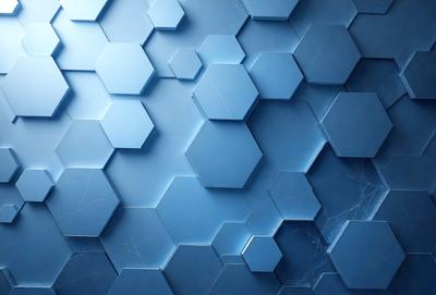 The primary subject of the image is a blue wall with a pattern of hexagons. The setting is a room with a blue background, and the visual style appears to be a digital art or illustration. The dominant colors are blue and white, creating a calm and soothing atmosphere.