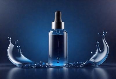 The primary subject of the image is a bottle of blue liquid, which appears to be a vial or a small bottle. The bottle is placed on a blue surface, which could be a table or a counter. The visual style of the image is a close-up of the bottle, with the blue liquid and the blue surface as the main focus. The colors and mood of the image are predominantly blue, creating a calm and serene atmosphere.