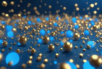 The primary subject of the image is a collection of gold and blue spheres, which are scattered throughout the scene. The setting is a blue background, which provides a contrasting and visually appealing backdrop for the spheres. The visual style of the image is a combination of photo and digital art, creating a unique and eye-catching display. The dominant colors in the image are gold and blue, which evoke a sense of warmth and tranquility.