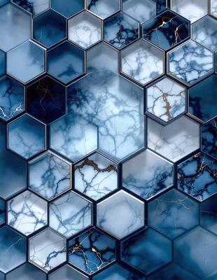 The primary subject of the image is a blue and white marble tile pattern. The setting is a blue and white marble tile wall, which serves as the background. The visual style is a close-up of the marble tile pattern, showcasing the intricate details of the design. The colors and mood of the image are predominantly blue and white, creating a clean and elegant atmosphere.
