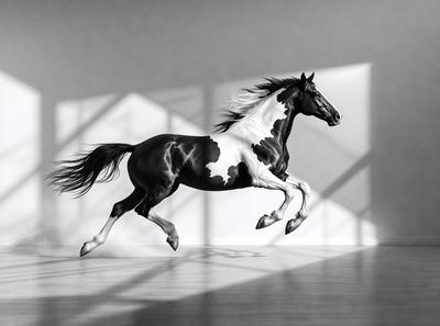 Primary subject: A black and white horse with a white face and legs, running on a wooden floor.

Setting/background: The horse is running in a room with a wooden floor.

Visual style: The image is a black and white photo.

Colors and mood: The dominant colors are black, white, and grey. The overall atmosphere is energetic and dynamic, as the horse is captured in motion.