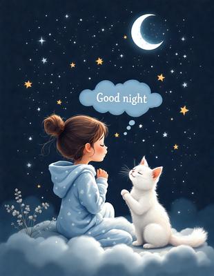 The primary subject of the image is a young girl sitting on a cloud, accompanied by a white cat. The setting is a night sky, with the moon visible in the background. The visual style is a digital art illustration, creating a whimsical and dreamy atmosphere. The dominant colors are blue and white, with the girl's outfit being blue and the cat being white.