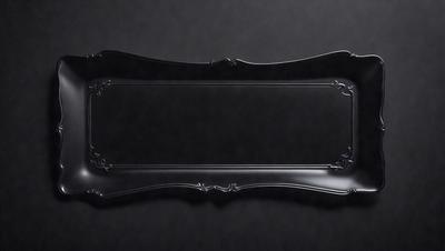 The primary subject of the image is a decorative, ornate, and fancy black frame. The setting is a dark background, which contrasts with the frame's intricate design. The visual style is a close-up of the frame, showcasing its details. The colors and mood of the image are predominantly dark, with the black frame being the main focus.