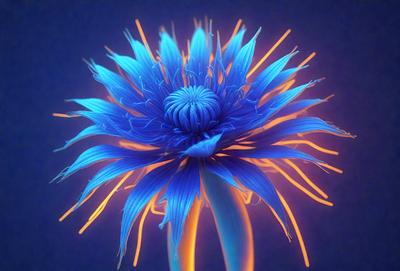 The primary subject of the image is a blue flower with a yellow center, which is the main focus of the image. The setting is a dark blue background, which contrasts with the vibrant colors of the flower. The visual style appears to be a close-up of the flower, showcasing its details. The dominant colors are blue and yellow, creating a lively and cheerful atmosphere.