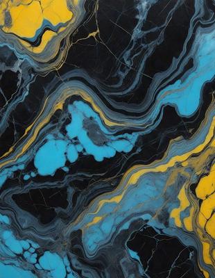 The primary subject of the image is a blue and yellow marbled stone. The setting is a close-up of the stone, showcasing its unique and intricate pattern. The visual style is a close-up of the stone, emphasizing its texture and color. The dominant colors are blue and yellow, creating a vibrant and lively atmosphere.