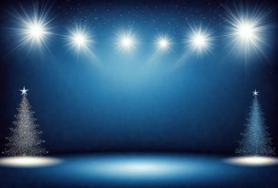 The primary subject of the image is a stage with a blue background. The stage is illuminated by bright lights, creating a dramatic and theatrical atmosphere. The setting is a stage, and the visual style is a photo. The dominant colors are blue and white, with the blue background and the bright lights creating a striking contrast.