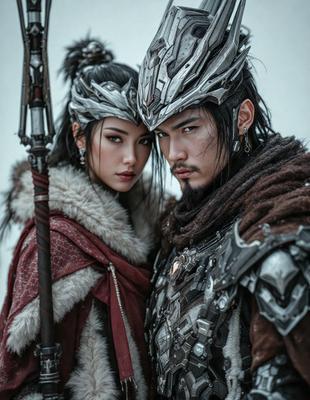 The primary subject of the image is a man and a woman standing close to each other. They are both wearing costumes, with the man wearing a silver helmet and the woman wearing a red and white outfit. The setting appears to be a snowy environment, with the couple standing in front of a snowy backdrop. The visual style of the image is a combination of photo and digital art, creating a unique and intriguing scene. The colors in the image are predominantly white and silver, giving the scene