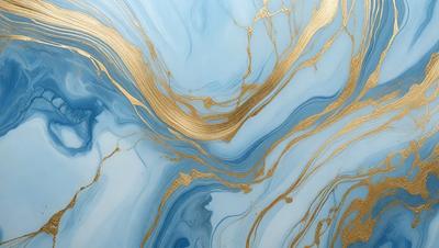The primary subject of the image is a blue and gold swirling pattern, which appears to be a painting or a digital artwork. The setting is a blue background, and the visual style is a combination of painting and digital art. The dominant colors are blue and gold, creating a sense of depth and richness in the artwork.