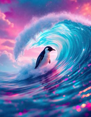 The primary subject of the image is a penguin, which is standing on a surfboard in the middle of a large wave. The setting is a vibrant, colorful ocean with a pink and blue hue. The visual style is a digital art or illustration, creating a lively and dynamic scene. The colors and mood of the image are energetic and fun, with the penguin and the wave being the main focus of the picture.
