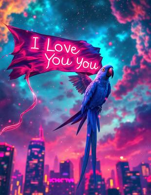 The primary subject of the image is a blue parrot perched on a string, which is flying through the air. The setting is a colorful sky, with a cityscape visible in the background. The visual style is a digital art or illustration, creating a vibrant and lively atmosphere. The dominant colors are blue, pink, and purple, which contribute to the overall mood of the image.