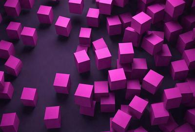 The primary subject of the image is a large number of purple cubes, which are scattered across the scene. The setting appears to be a dark background, which contrasts with the bright purple color of the cubes. The visual style of the image is a combination of photo and digital art, creating a unique and eye-catching pattern. The dominant colors in the image are purple and black, giving the scene a bold and striking appearance.