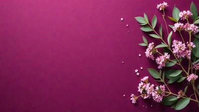 The primary subject of the image is a close-up of a pink flower with green leaves. The setting is a purple wall, which serves as the background. The visual style is a photo, capturing the beauty of the flower in detail. The dominant colors are pink and purple, creating a warm and inviting atmosphere.
