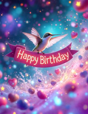 The primary subject of the image is a bird, specifically a hummingbird, which is flying in front of a pink heart. The bird is positioned in the center of the image, and the heart is located towards the bottom left corner. The setting appears to be a colorful and vibrant environment, possibly a digital art or illustration. The visual style is a mix of realism and artistic expression, as the hummingbird is depicted in a way that showcases its beauty and grace. The colors and mood