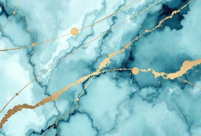 The primary subject of the image is a painting featuring a blue background with gold accents. The setting is a blue and gold painting, and the visual style is a digital artwork. The dominant colors are blue and gold, creating a serene and calming atmosphere.