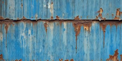 The primary subject of the image is a blue wall with rust and peeling paint. The setting is an outdoor environment, possibly a building or a wall. The visual style is a photo, capturing the rust and peeling paint on the blue surface. The colors and mood of the image are dominated by the blue color of the wall and the rusty, aged appearance of the peeling paint.