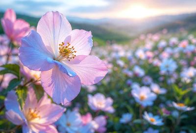 The primary subject of the image is a beautiful pink flower with a yellow center, surrounded by a field of other flowers. The setting is a lush green field, and the visual style is a close-up of the flower, showcasing its details. The colors and mood of the image are vibrant and cheerful, with the pink flower being the focal point of the scene.