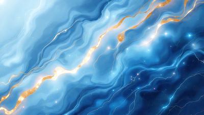The primary subject of the image is a blue and gold swirl pattern, which appears to be a digital art or illustration. The setting is a blue background, and the visual style is a combination of digital art and illustration. The dominant colors are blue and gold, creating a vibrant and lively atmosphere.
