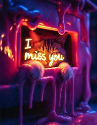 The primary subject of the image is a cat, which is sitting in a box and looking out. The setting is a room with a pink background, and the visual style appears to be a combination of a photo and digital art. The dominant colors in the image are pink and purple, creating a warm and cozy atmosphere.