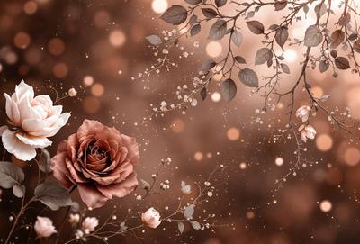 Primary subject: A single pink rose.

Setting/background: A blurry background with a few leaves and branches.

Visual style: Digital art.

Colors and mood: The rose is pink, and the overall atmosphere is soft and romantic.