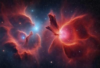 The primary subject of the image is a vibrant and colorful nebula, which is the main object, scene, or focus of the image. The setting or background features a starry sky, with the nebula being the most prominent feature in the scene. The visual style of the image is a combination of photo and digital art, creating a unique and captivating representation of the celestial object. The colors and mood of the image are predominantly red and orange, giving the impression of a warm and l