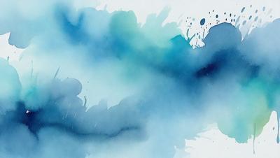 The primary subject of the image is a painting of a blue ocean with a few drops of water. The setting is a cloudy sky, and the visual style is a watercolor painting. The dominant colors are blue and white, creating a serene and calming atmosphere.
