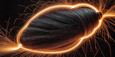 The primary subject of the image is a close-up of a person's hair, specifically a woman's hair. The setting is a dark background, which highlights the hair and creates a dramatic effect. The visual style is a combination of a photo and digital art, as the hair appears to be glowing with a warm, orange light. The colors and mood of the image are warm and inviting, with the glowing hair creating a sense of warmth and comfort.