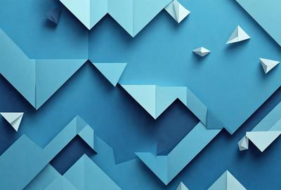 The primary subject of the image is a blue wall with a pattern of triangles. The setting is a room with a blue background. The visual style is a combination of digital art and illustration. The dominant colors are blue and white, creating a calm and soothing atmosphere.