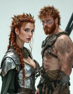 The primary subject of the image is a woman wearing a metal dress, standing next to a man with a beard and red hair. The setting appears to be a white background, which creates a clean and minimalistic visual style. The woman's dress is silver, and the man's beard is red, adding a pop of color to the scene. The overall atmosphere of the image is one of fantasy and intrigue, as the woman and man seem to be part of a larger story or scene.