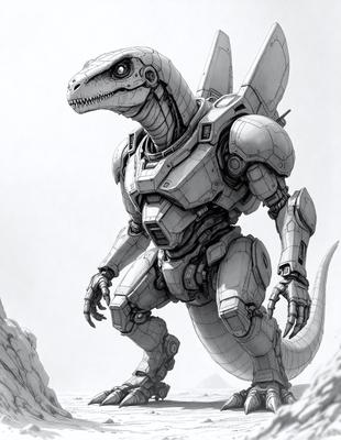 The primary subject of the image is a large robotic dinosaur, which appears to be a mix of a T-Rex and a robot. The robotic dinosaur is standing on a rocky surface, with its legs spread apart. The setting is a rocky landscape, and the visual style is a combination of digital art and illustration. The colors and mood of the image are dark and dramatic, with the robotic dinosaur being the main focus of the scene.