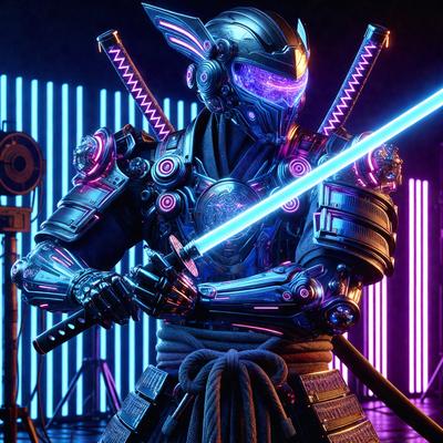 The primary subject of the image is a character dressed in a futuristic outfit, holding a blue sword. The character appears to be a cyborg or a robotic warrior. The setting is a dark room with purple lights, creating a moody atmosphere. The visual style is a digital art or illustration, with the character's outfit and the sword being the main focus of the image. The colors and mood are predominantly purple, giving the scene a futuristic and mysterious vibe.