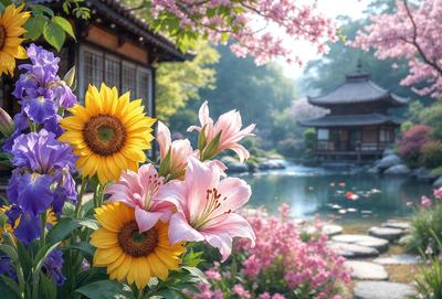 The primary subject of the image is a beautiful arrangement of flowers, including sunflowers and lilies, placed in front of a building. The setting is a garden with a pond nearby, creating a serene and picturesque environment. The visual style of the image is a combination of photo and digital art, resulting in a vibrant and realistic representation of the flowers and their surroundings. The colors and mood of the image are predominantly warm and inviting, with the sunflowers and lilies adding