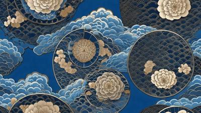 The primary subject of the image is a beautifully designed blue and white floral pattern. The setting is a blue background, which complements the vibrant colors of the flowers. The visual style is a combination of digital art and illustration, creating a unique and eye-catching design. The dominant colors are blue and white, with the flowers adding a touch of vibrancy to the overall atmosphere.