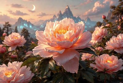 Primary subject: A single pink flower with a yellow center.

Setting/background: The flower is set against a backdrop of a mountain range, creating a picturesque and serene scene.

Visual style: The image is a digital artwork, featuring a beautifully rendered pink flower with a yellow center.

Colors and mood: The dominant colors in the image are pink and yellow, creating a warm and inviting atmosphere.