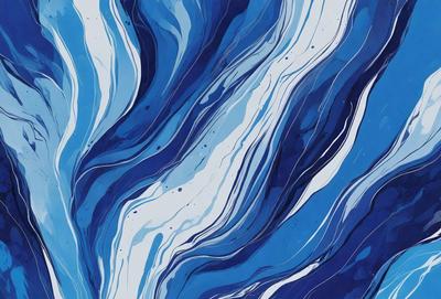 The primary subject of the image is a blue and white painting of a wave. The setting is a blue background, and the visual style appears to be a digital art or illustration. The dominant colors are blue and white, creating a calm and serene atmosphere.