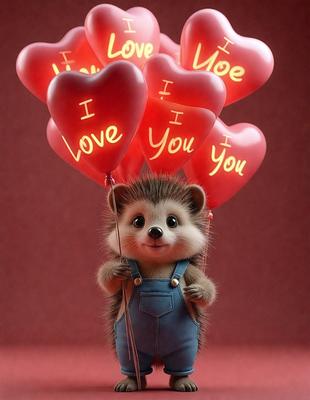The primary subject of the image is a small stuffed animal, specifically a hedgehog, holding a heart-shaped balloon. The setting is a red background, and the visual style appears to be a digital art or illustration. The colors are predominantly red and pink, creating a warm and loving atmosphere.