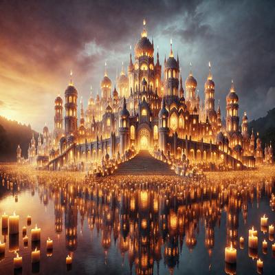 Primary subject: A large, intricate castle made of stone and glass, with a moat and a bridge.

Setting/background: The castle is situated in a large body of water, with a bridge leading to it. The sky is dark and cloudy, creating a dramatic atmosphere.

Visual style: The image is a digital artwork, featuring a detailed and intricate castle design.

Colors and mood: The primary colors in the image are dark and moody, with the castle and its surround