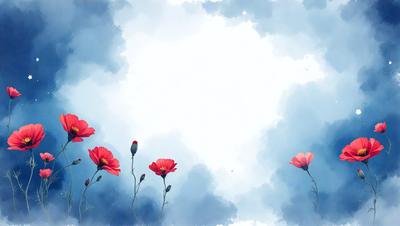 The primary subject of the image is a group of red flowers, which are the main objects in the scene. The flowers are set against a blue sky, creating a vibrant and lively atmosphere. The visual style of the image is a combination of digital art and illustration, giving it a unique and artistic appearance. The colors and mood of the image are predominantly red and blue, with the red flowers standing out against the blue sky, creating a sense of warmth and energy.