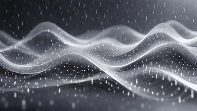 The primary subject of the image is a wave, which is the main object, scene, or focus of the image. The wave is depicted in a digital art style, with a black background and a pattern of white dots. The visual style of the image gives it a futuristic and abstract appearance. The dominant colors in the image are black and white, creating a moody and dramatic atmosphere.