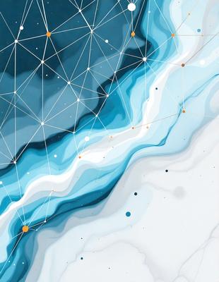 The primary subject of the image is a blue and white ocean scene with a network of lines and dots. The setting is a blue and white ocean, and the visual style is a combination of digital art and illustration. The dominant colors are blue and white, creating a calm and serene atmosphere.