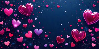 The primary subject of the image is a collection of hearts, which are floating in the air. The hearts are pink and are arranged in various positions, creating a visually appealing scene. The setting is a dark blue background, which contrasts with the bright pink hearts. The visual style of the image is a combination of digital art and illustration, giving it a unique and creative appearance. The overall atmosphere of the image is cheerful and playful, with the hearts symbolizing love and affection.