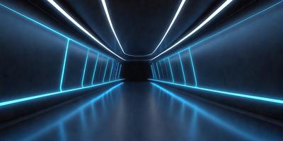 The primary subject of the image is a long, narrow, and brightly lit tunnel. The setting is a dark room with a blue light illuminating the tunnel. The visual style is a digital art or illustration, creating a futuristic and surreal atmosphere. The dominant colors are blue and white, with the blue light creating a sense of depth and space.