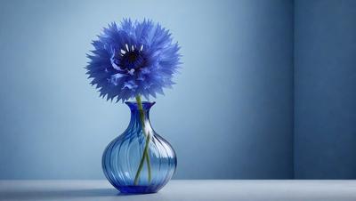 The primary subject of the image is a vase filled with blue flowers. The vase is placed on a table, and the flowers are arranged in a way that they are visible from the front and sides. The setting is a simple table, and the visual style is a close-up of the vase and flowers. The colors and mood of the image are predominantly blue, creating a calm and serene atmosphere.