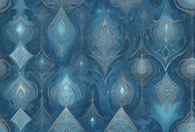 The primary subject of the image is a blue and white patterned wallpaper with a design that resembles a blue and white diamond pattern. The setting is a room with a blue and white color scheme. The visual style is a digital art or illustration, creating a unique and eye-catching design. The colors and mood of the image are predominantly blue and white, giving it a clean and elegant appearance.