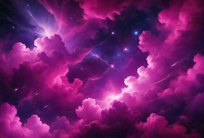 The primary subject of the image is a purple cloudy sky with a pink background. The setting is a space with a purple and pink atmosphere. The visual style is a digital art or illustration, creating a surreal and dreamy scene. The colors and mood convey a sense of wonder and fantasy.