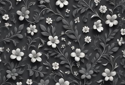 The primary subject of the image is a pattern of white flowers on a black background. The setting is a wallpaper design, and the visual style is a combination of photo and digital art. The dominant colors are black and white, creating a bold and striking appearance. The overall atmosphere is elegant and sophisticated, with the white flowers adding a touch of natural beauty to the design.