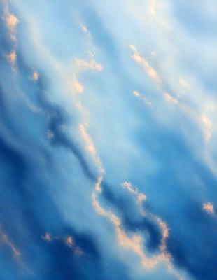 The primary subject of the image is a cloudy sky with a blue background. The setting is a cloudy day, and the visual style is a photo. The sky is filled with clouds, and the dominant colors are blue and white. The overall atmosphere is serene and peaceful.